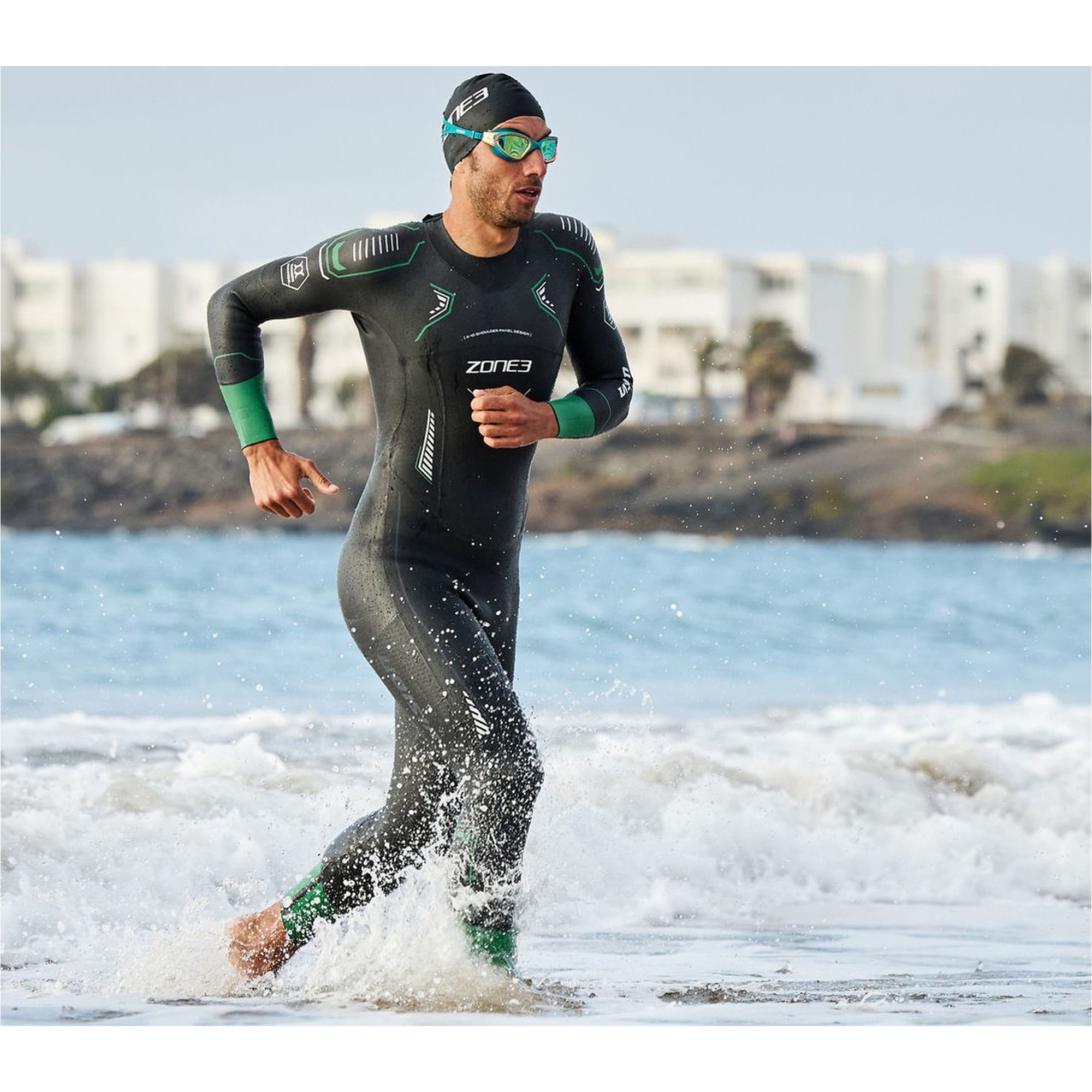 2026 Zone3 Da Uomo Terraprene Vision Back Zip Swim Muta WS24MVIS101 - Black / Forest Green